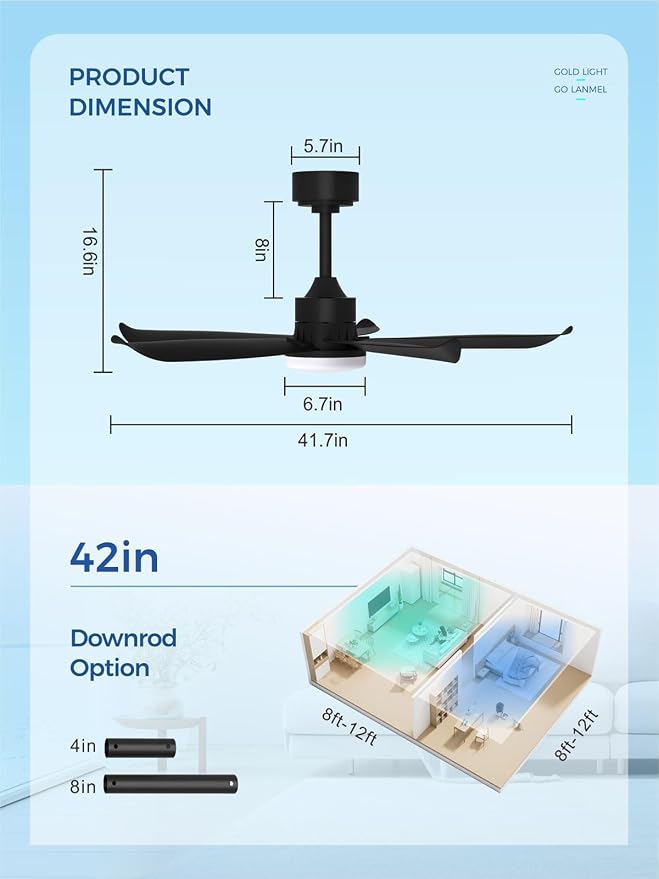 42 Inch Black Ceiling Fan with Light and Remote, Modern Ceiling Fan, 6 Speed, Reversible, 3000k-6500k Dimmable LED, Quiet DC