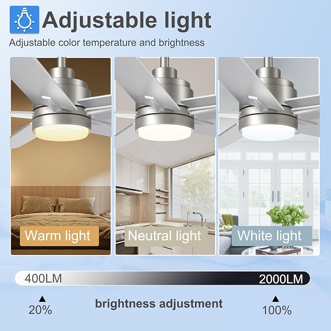 42 Inch Brushed Nickel Ceiling Fan with Light and Remote Control,Dimmable 3 Color Temperatures LED Ceiling Fan,6 Speeds