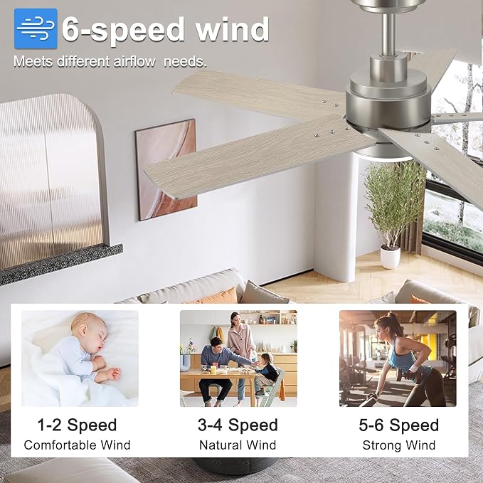 42 Inch Brushed Nickel Ceiling Fan with Light and Remote Control,Dimmable 3 Color Temperatures LED Ceiling Fan,6 Speeds
