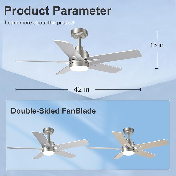 42 Inch Brushed Nickel Ceiling Fan with Light and Remote Control,Dimmable 3 Color Temperatures LED Ceiling Fan,6 Speeds