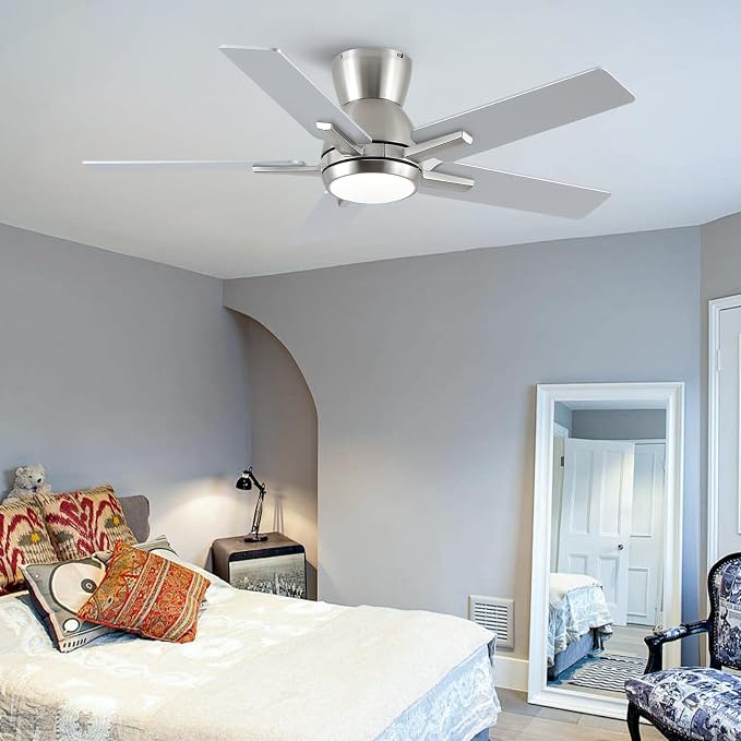 42 Inch Brushed Nickel Flush Mount Ceiling Fans with Lights and Remote, Low Profile Nickel Ceiling Fans for Bedroom Living