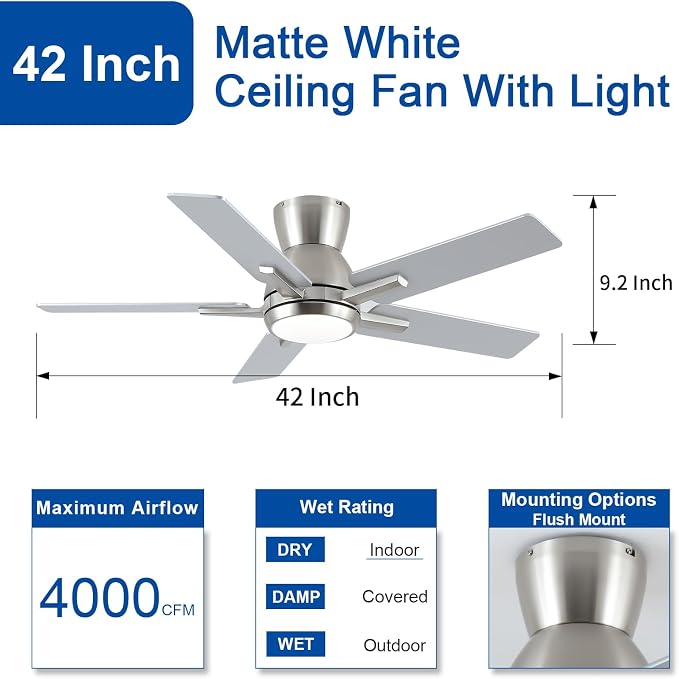 42 Inch Brushed Nickel Flush Mount Ceiling Fans with Lights and Remote, Low Profile Nickel Ceiling Fans for Bedroom Living