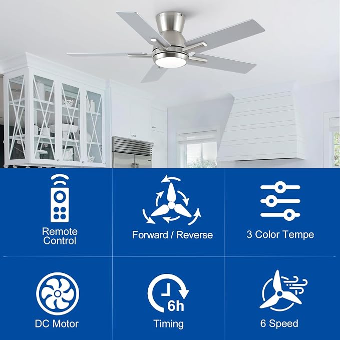 42 Inch Brushed Nickel Flush Mount Ceiling Fans with Lights and Remote, Low Profile Nickel Ceiling Fans for Bedroom Living