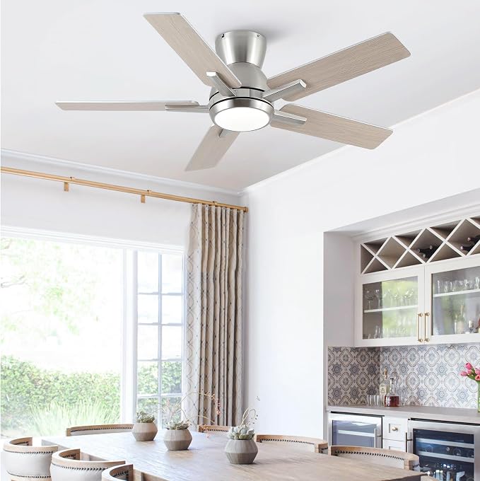 42 Inch Brushed Nickel Flush Mount Ceiling Fans with Lights and Remote, Low Profile Nickel Ceiling Fans for Bedroom Living