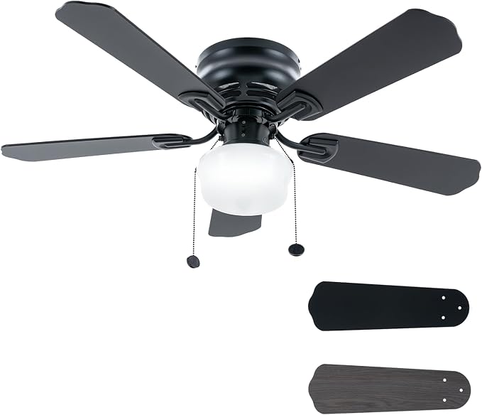 42 Inch Ceiling Fan Traditional: Flush Mount Indoor LED Ceiling Fans with Light - Pull Chain - Dual Finish Blades