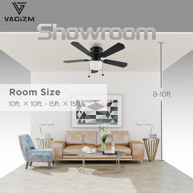 42 Inch Ceiling Fan Traditional: Flush Mount Indoor LED Ceiling Fans with Light - Pull Chain - Dual Finish Blades