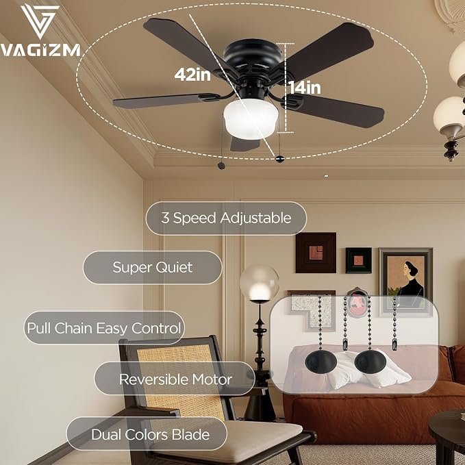 42 Inch Ceiling Fan Traditional: Flush Mount Indoor LED Ceiling Fans with Light - Pull Chain - Dual Finish Blades