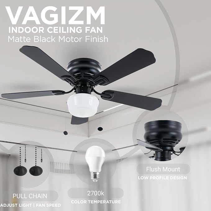 42 Inch Ceiling Fan Traditional: Flush Mount Indoor LED Ceiling Fans with Light - Pull Chain - Dual Finish Blades