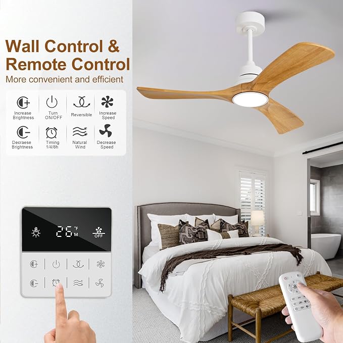 42 inch Ceiling Fan with Light and Remote Control,Wall Switch,Solid Wood Blades,Dimmable,Reversible Quiet DC Motor,Power off