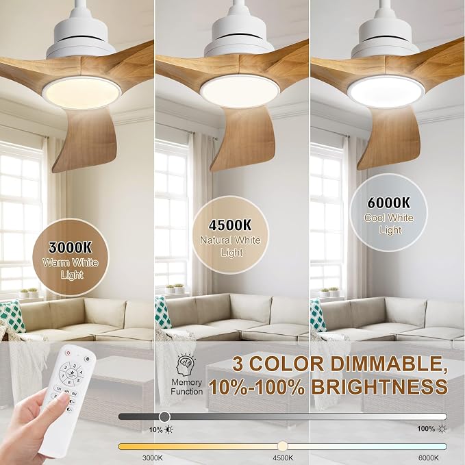 42 inch Ceiling Fan with Light and Remote Control,Wall Switch,Solid Wood Blades,Dimmable,Reversible Quiet DC Motor,Power off