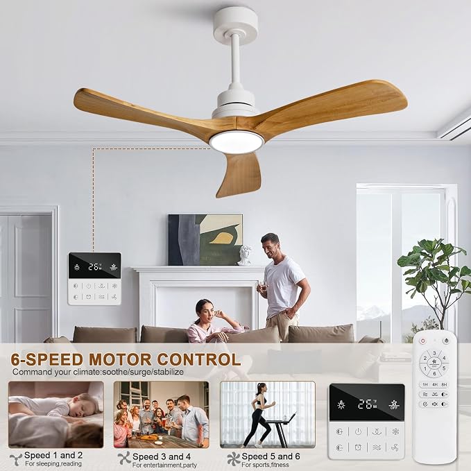 42 inch Ceiling Fan with Light and Remote Control,Wall Switch,Solid Wood Blades,Dimmable,Reversible Quiet DC Motor,Power off