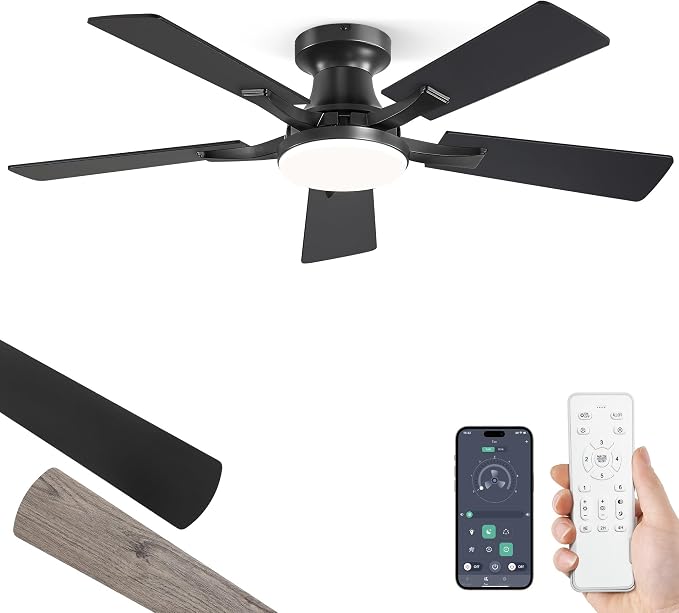 42 Inch Ceiling Fan with Light, App&Remote Control, Flush Mount Low Profile, Dimmable 20W LED Light, Quiet Reversible Motor