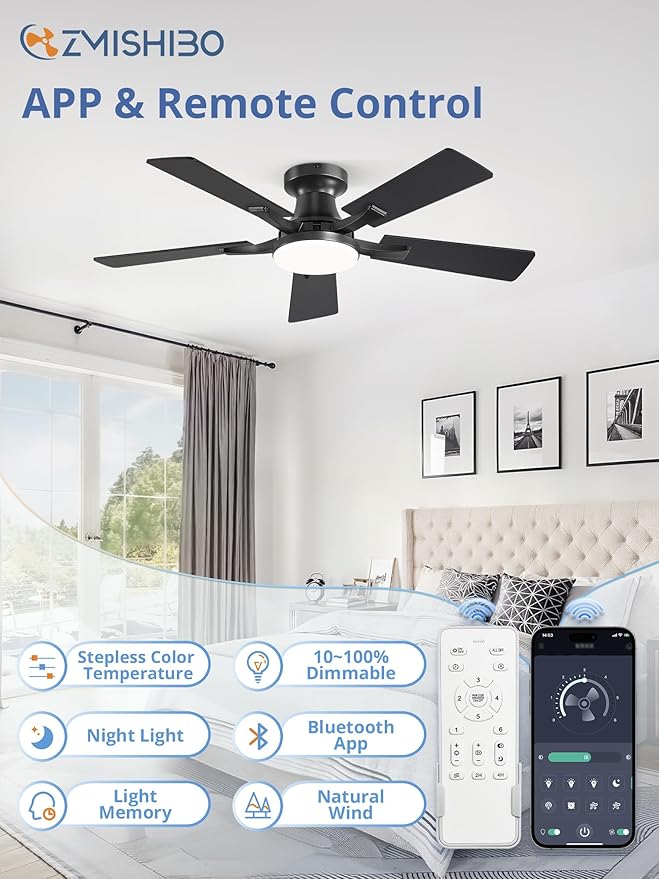 42 Inch Ceiling Fan with Light, App&Remote Control, Flush Mount Low Profile, Dimmable 20W LED Light, Quiet Reversible Motor