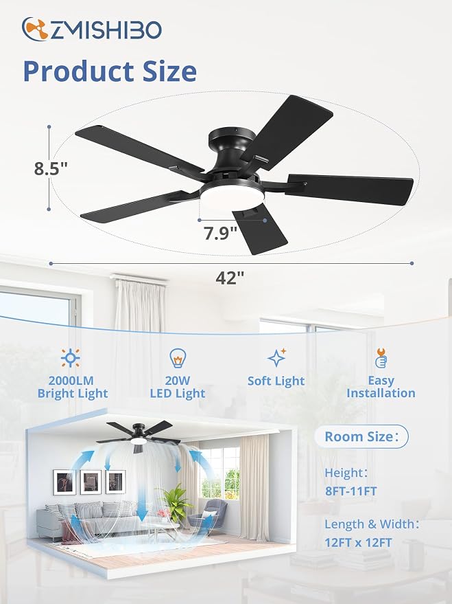 42 Inch Ceiling Fan with Light, App&Remote Control, Flush Mount Low Profile, Dimmable 20W LED Light, Quiet Reversible Motor