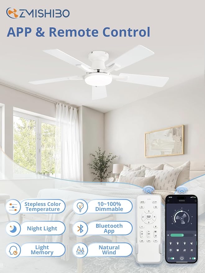 42 Inch Ceiling Fan with Light, App&Remote Control, Flush Mount Low Profile, Dimmable 20W LED Light, Quiet, alternate view 2