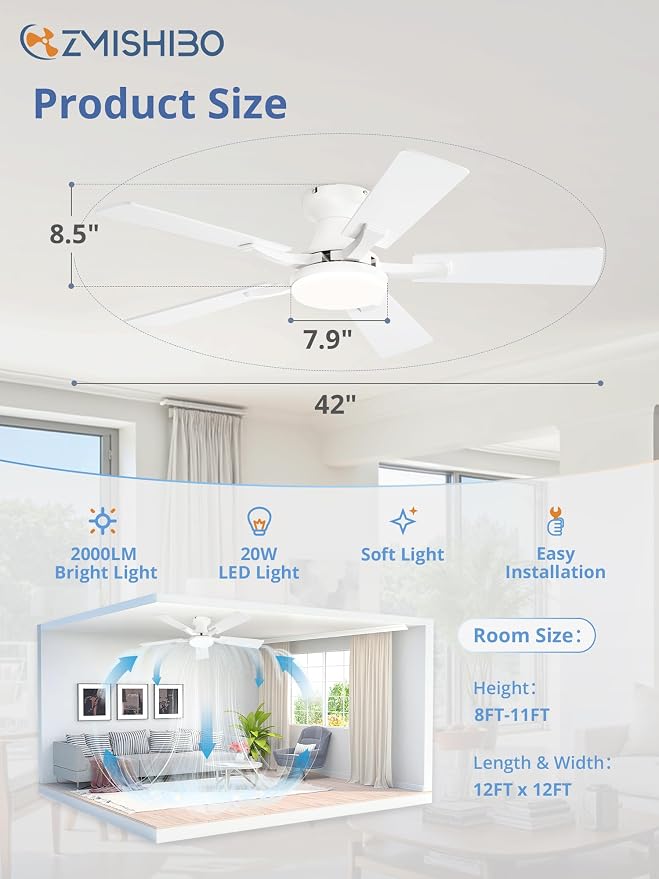 42 Inch Ceiling Fan with Light, App&Remote Control, Flush Mount Low Profile, Dimmable 20W LED Light, Quiet, alternate view 5