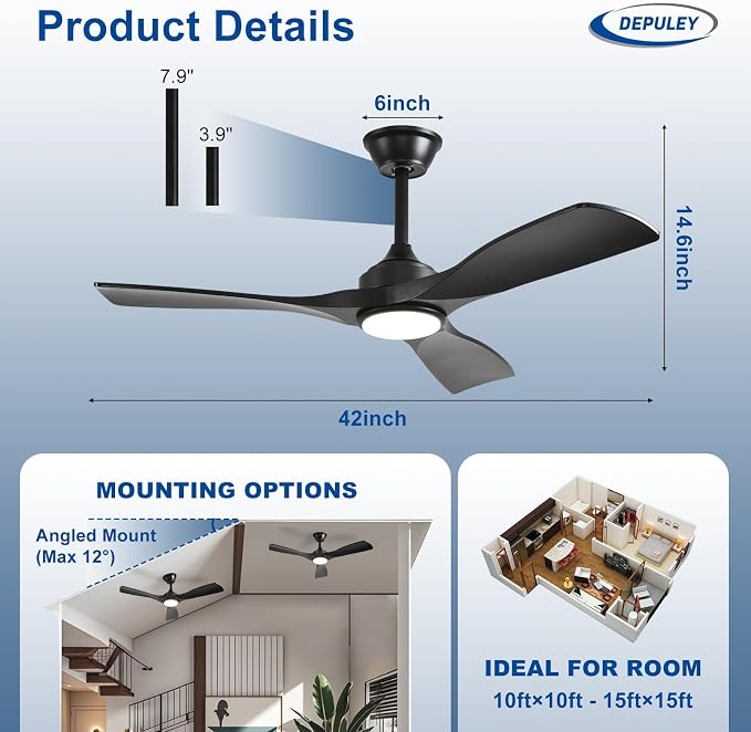 42-Inch Ceiling Fan with Light: Black 3 Blade Outdoor Fans for Patios - Dimmable Ceiling Fan with Remote Control Fandelier