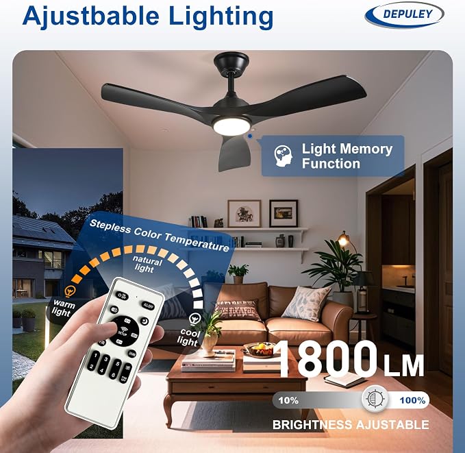42-Inch Ceiling Fan with Light: Black 3 Blade Outdoor Fans for Patios - Dimmable Ceiling Fan with Remote Control Fandelier
