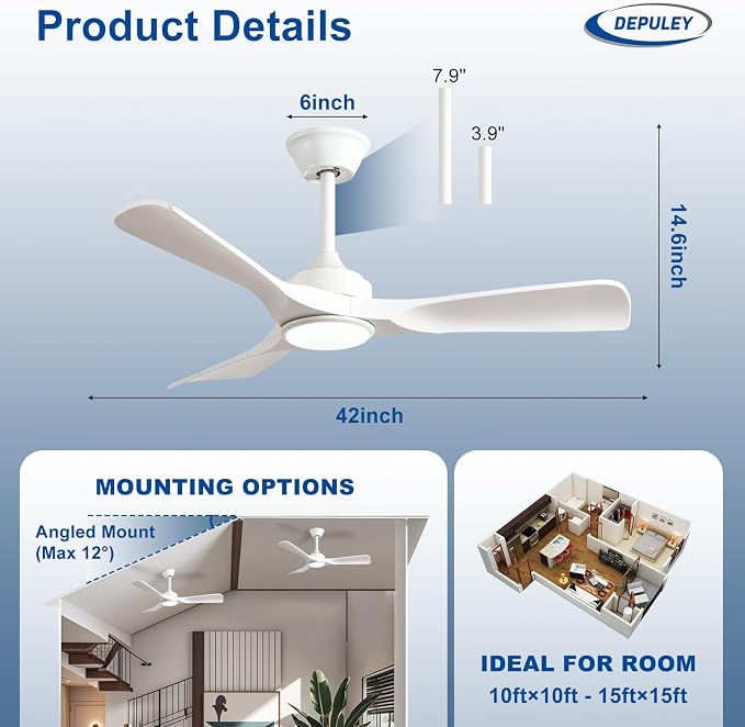 42-Inch Ceiling Fan with Light: White 3 Blade Outdoor Fans for Patios - Dimmable Indoor Ceiling Fan with Remote, alternate