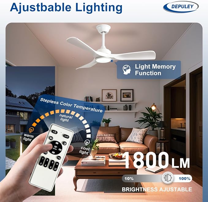 42-Inch Ceiling Fan with Light: White 3 Blade Outdoor Fans for Patios - Dimmable Indoor Ceiling Fan with Remote, alternate