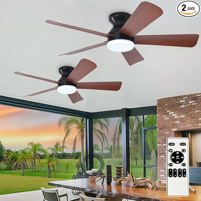 42-Inch Ceiling Fans with Light: Walnut 5 Blade Low Profile Ceiling Fan for Kitchen Bedroom - Flush Mount