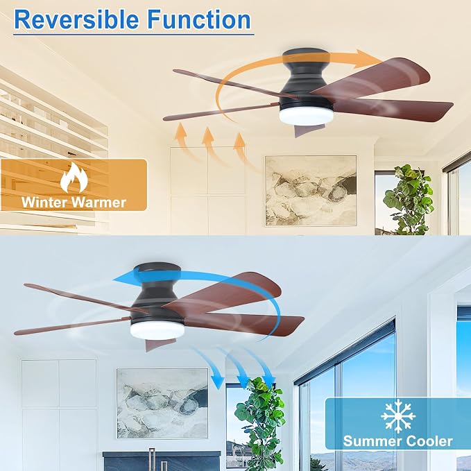 42-Inch Ceiling Fans with Light: Walnut 5 Blade Low Profile Ceiling Fan for Kitchen Bedroom - Flush Mount, alternate view 2