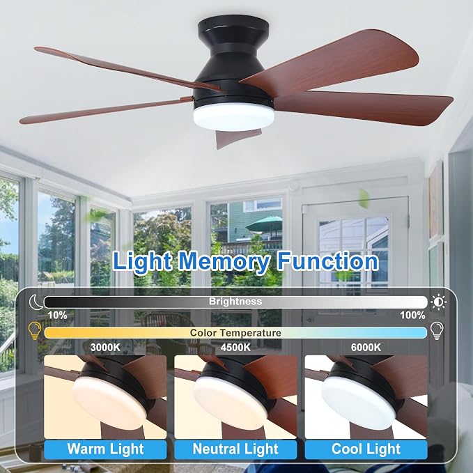 42-Inch Ceiling Fans with Light: Walnut 5 Blade Low Profile Ceiling Fan for Kitchen Bedroom - Flush Mount, alternate view 3