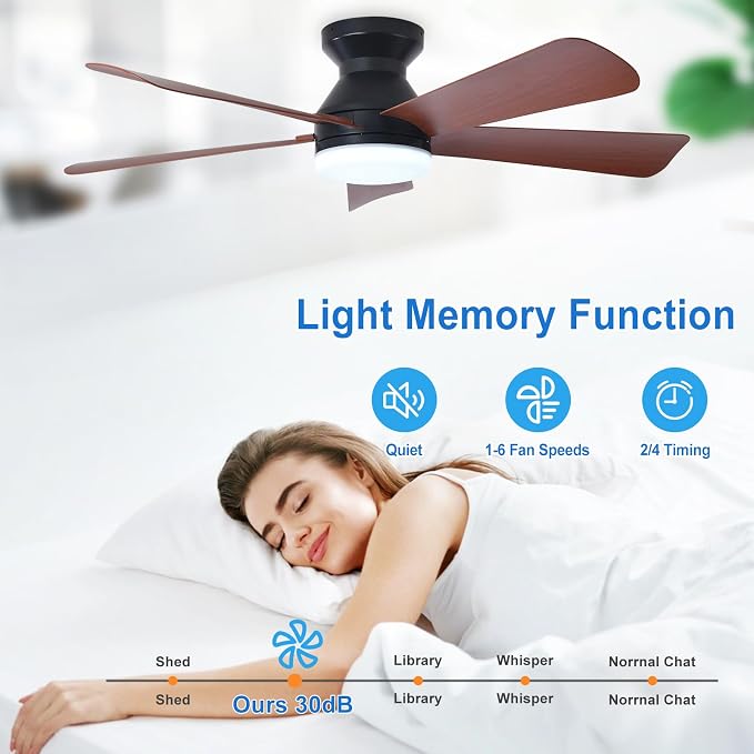 42-Inch Ceiling Fans with Light: Walnut 5 Blade Low Profile Ceiling Fan for Kitchen Bedroom - Flush Mount, alternate view 4