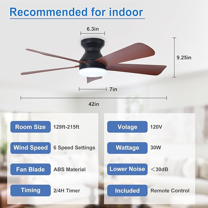 42-Inch Ceiling Fans with Light: Walnut 5 Blade Low Profile Ceiling Fan for Kitchen Bedroom - Flush Mount, alternate view 5