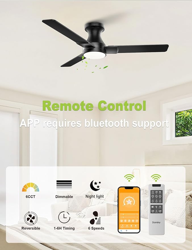 42 inch Ceiling Fans with Lights,3 Blades,6CCT, Low Profile Ceiling Fan with Light and Remote Control,Ceiling Fan for