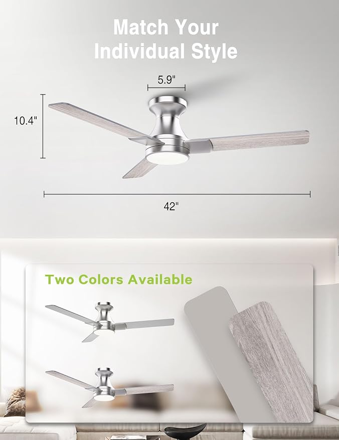 42 inch Ceiling Fans with Lights,3 Blades,6CCT, Low Profile Ceiling Fan with Light and Remote Control,Ceiling Fan for