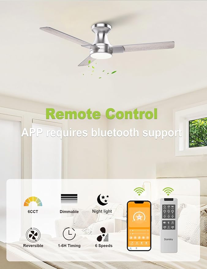 42 inch Ceiling Fans with Lights,3 Blades,6CCT, Low Profile Ceiling Fan with Light and Remote Control,Ceiling Fan for