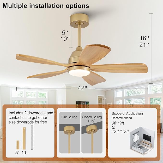 42 Inch Ceiling Fans with Lights and Remote, 5 Blades Wood Ceiling Fan with Light, Dimmable, Wall Switch, Reversible DC