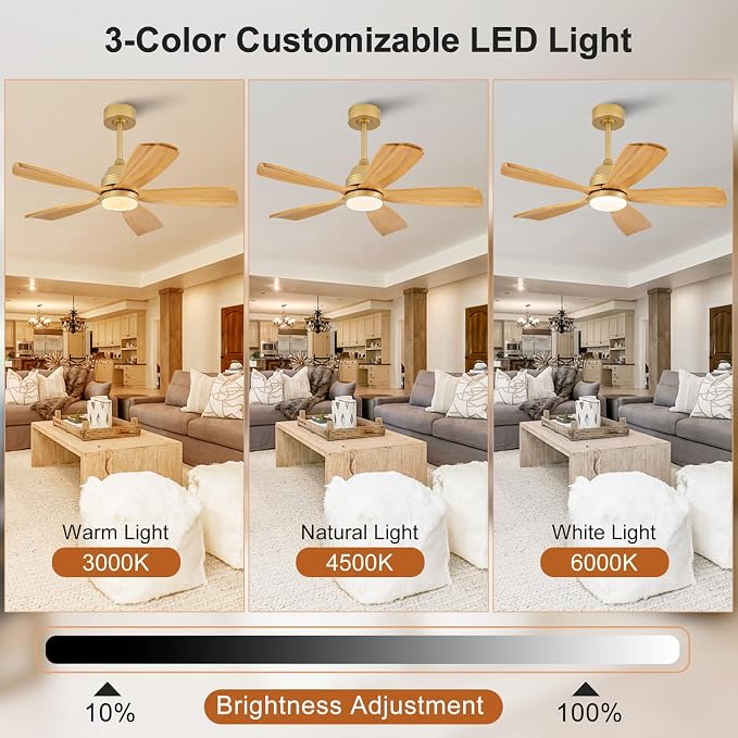 42 Inch Ceiling Fans with Lights and Remote, 5 Blades Wood Ceiling Fan with Light, Dimmable, Wall Switch, Reversible DC