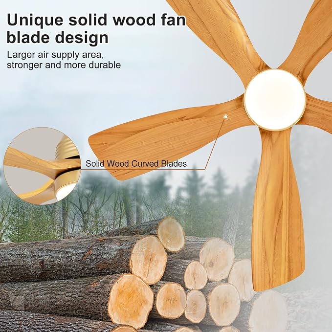 42 Inch Ceiling Fans with Lights and Remote, 5 Blades Wood Ceiling Fan with Light, Dimmable, Wall Switch, Reversible DC
