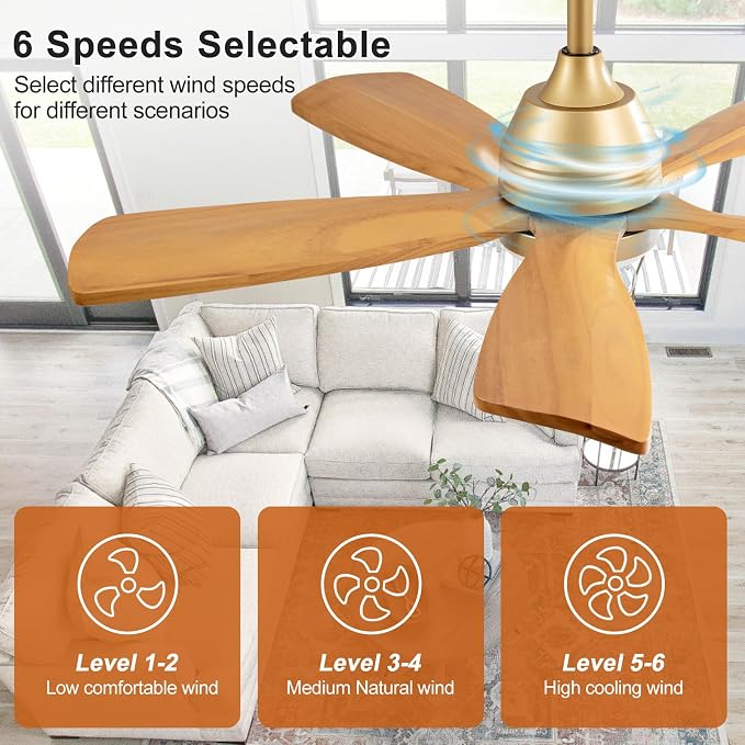 42 Inch Ceiling Fans with Lights and Remote, 5 Blades Wood Ceiling Fan with Light, Dimmable, Wall Switch, Reversible DC