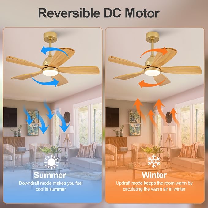 42 Inch Ceiling Fans with Lights and Remote, 5 Blades Wood Ceiling Fan with Light, Dimmable, Wall Switch, Reversible DC