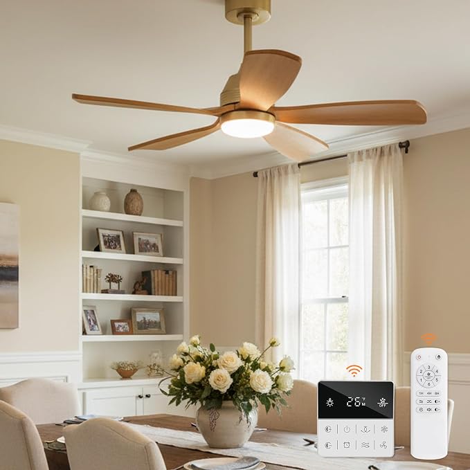 42 Inch Ceiling Fans with Lights and Remote, 5 Blades Wood Ceiling Fan with Light, Dimmable, Wall Switch, Reversible DC