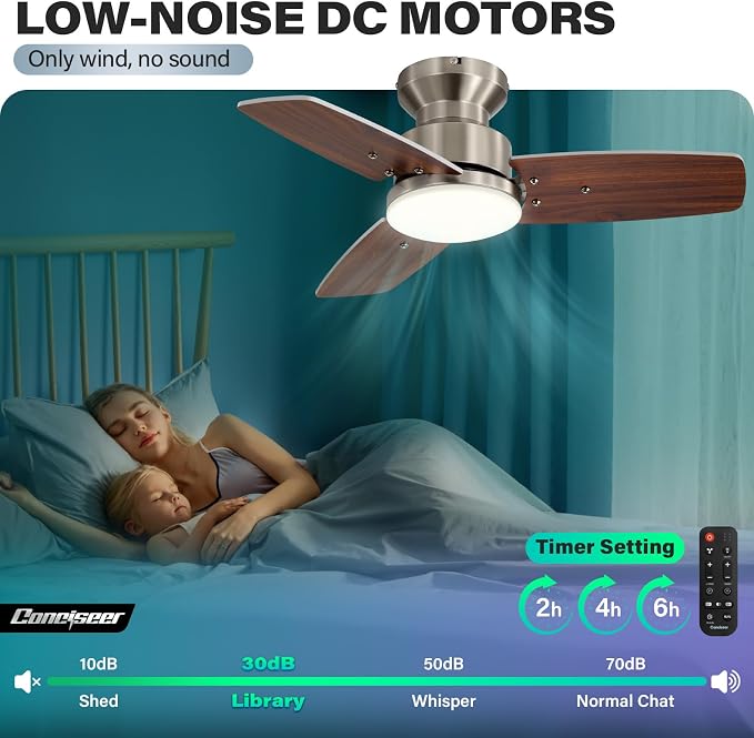 42 Inch Ceiling Fans with Lights and Remote, Bedroom Living Room Office, Flush Mount, 3CCT Dimmable, alternate product view 2