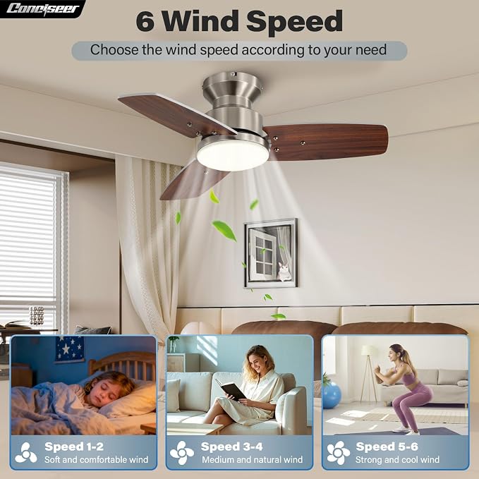 42 Inch Ceiling Fans with Lights and Remote, Bedroom Living Room Office, Flush Mount, 3CCT Dimmable, alternate product view 3