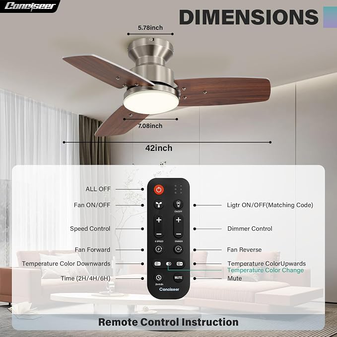 42 Inch Ceiling Fans with Lights and Remote, Bedroom Living Room Office, Flush Mount, 3CCT Dimmable, alternate product view 8