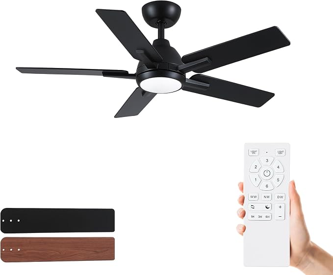 42 Inch Ceiling Fans with Lights and Remote, Black Ceiling Fan with 5 Balde for Outdoor/Bedroom Living Room, Downrod, 6 Speed