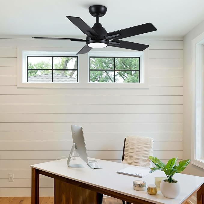 42 Inch Ceiling Fans with Lights and Remote, Black Ceiling Fan with 5 Balde for Outdoor/Bedroom Living Room, Downrod, 6 Speed