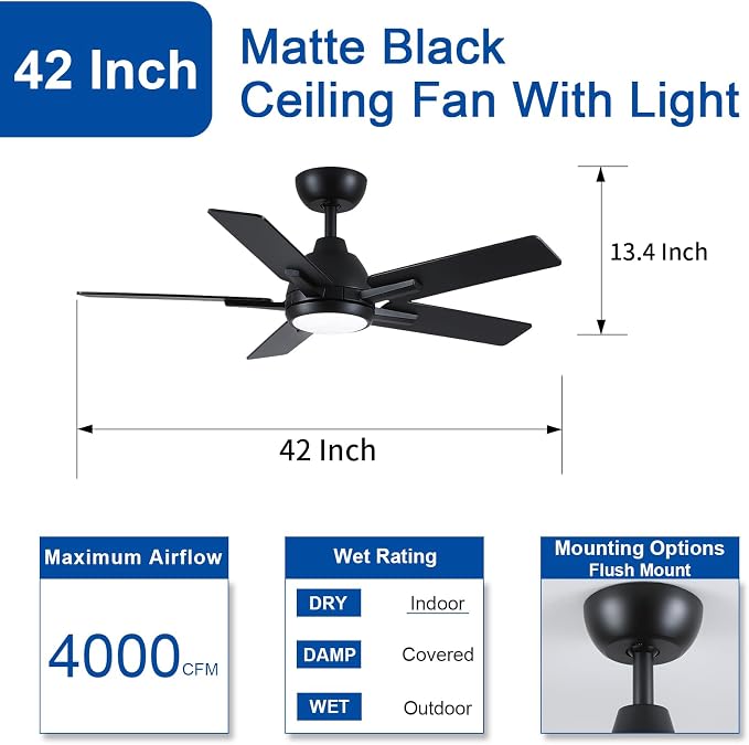 42 Inch Ceiling Fans with Lights and Remote, Black Ceiling Fan with 5 Balde for Outdoor/Bedroom Living Room, Downrod, 6 Speed