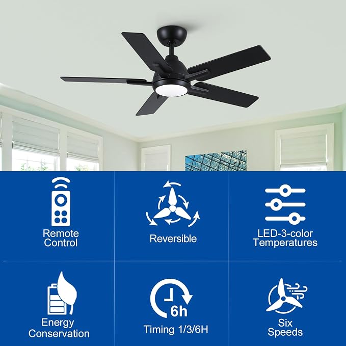 42 Inch Ceiling Fans with Lights and Remote, Black Ceiling Fan with 5 Balde for Outdoor/Bedroom Living Room, Downrod, 6 Speed