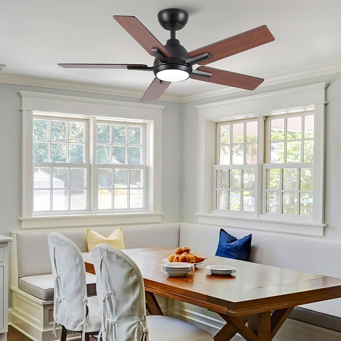 42 Inch Ceiling Fans with Lights and Remote, Black Ceiling Fan with 5 Balde for Outdoor/Bedroom Living Room, Downrod, 6 Speed