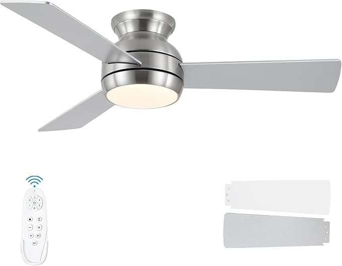 42 Inch Ceiling Fans with Lights and Remote, Brushed Nickel Low Profile Ceiling Fan with Light, Flush Mount, Reversible, 6