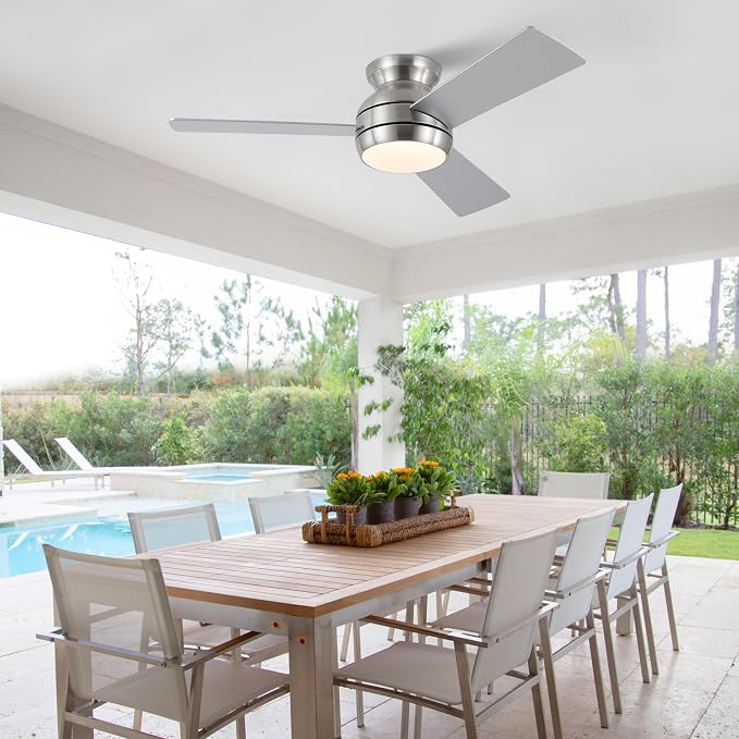 42 Inch Ceiling Fans with Lights and Remote, Brushed Nickel Low Profile Ceiling Fan with Light, Flush Mount, Reversible, 6