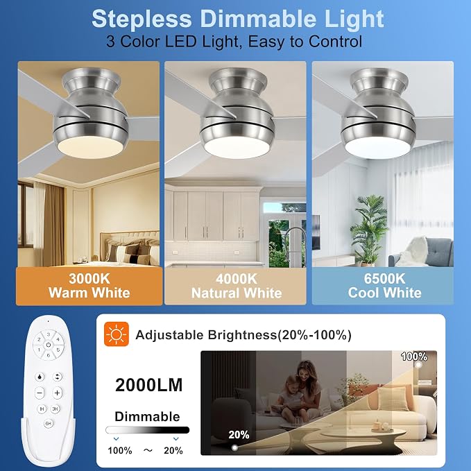 42 Inch Ceiling Fans with Lights and Remote, Brushed Nickel Low Profile Ceiling Fan with Light, Flush Mount, Reversible, 6