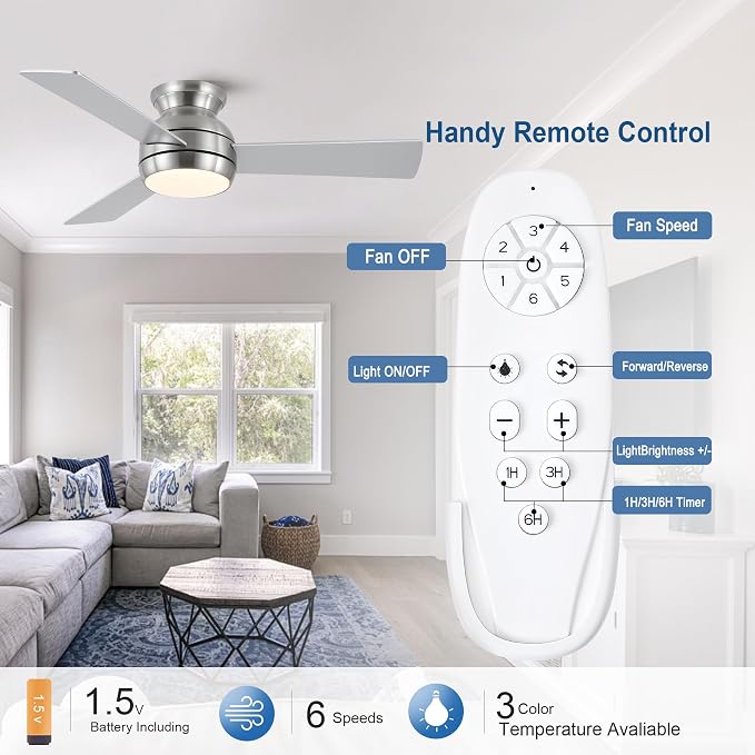 42 Inch Ceiling Fans with Lights and Remote, Brushed Nickel Low Profile Ceiling Fan with Light, Flush Mount, Reversible, 6